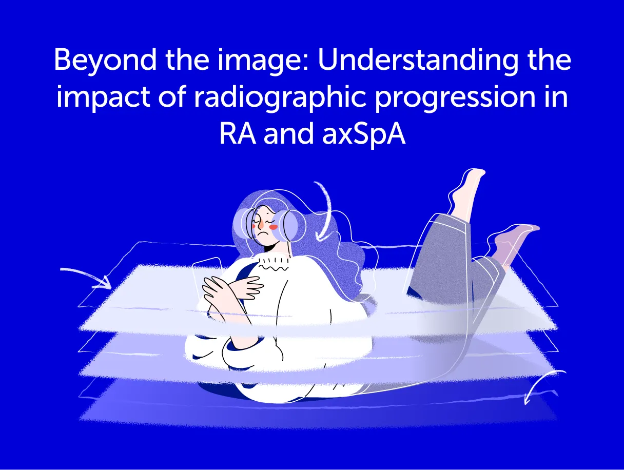 Illustration of woman laid down, wearing headphones and scrolling on a mobile, with abstract “cross-section” layers indicating her joints