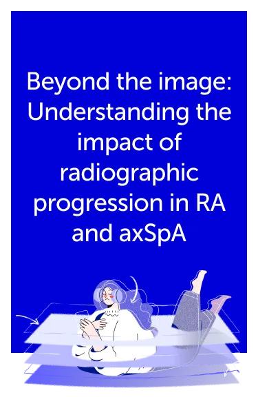 Illustration of woman laid down, wearing headphones and scrolling on a mobile, with abstract “cross-section” layers indicating her joints